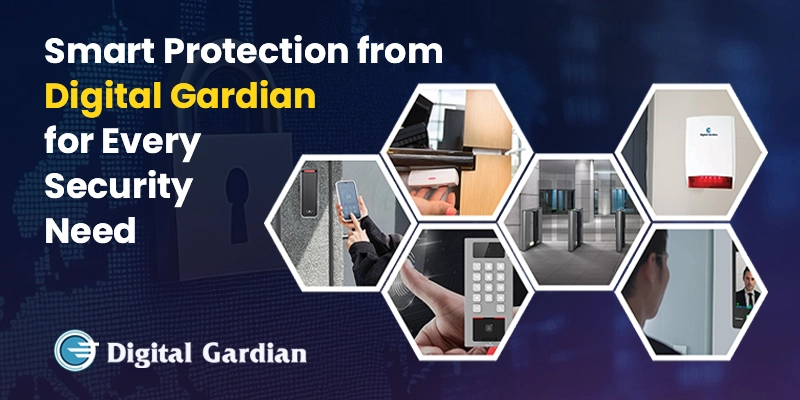 Smart protection solutions by Digital Gardian including access control, smart locks, speed gates, and panic alarms for workplace security