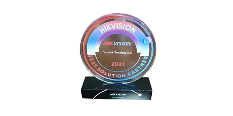 Hikvision Best Solution Partner Award 2021 presented to Vostok Trading LLC for excellence in security solutions.