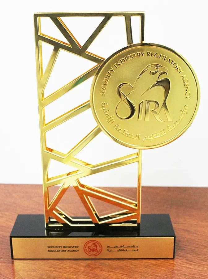 SIRA Award Trophy presented by the Security Industry Regulatory Agency for excellence in security and regulatory compliance.