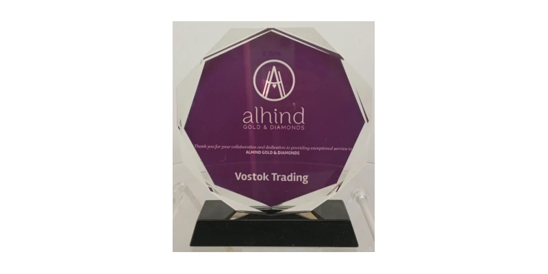 Alhind Gold & Diamonds award presented to Vostok Trading for excellence in service and business collaboration