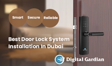 Best door lock system installation with smart high-security locks on modern wooden door, featuring digital keypad and fingerprint access