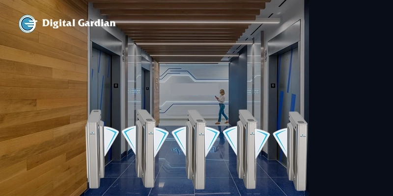 Digital Gardian Flap Barrier Speed Gate with high-speed entry, retractable panels, intelligent detection and RFID access options.